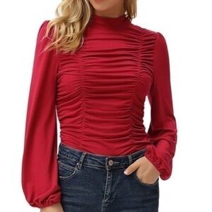 Grace Karin NWT lantern sleeve high neck ruched fitted top blouse